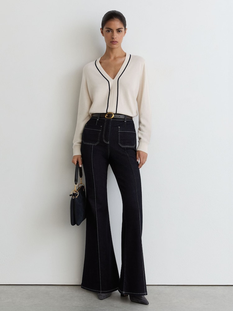 Reiss Ivory/Navy Mila Wool-Blend V-Neck Stripe-Detail Jumper with Cashmere - Image 1 of 6 Reiss Ivory/Navy Mila Wool-Blend V-Neck Stripe-Detail Jumper with Cashmere - Image 1 of 6
