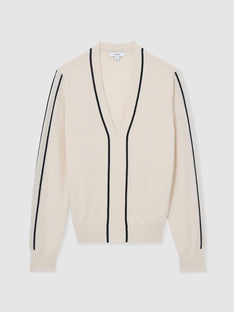 Reiss Ivory/Navy Mila Wool-Blend V-Neck Stripe-Detail Jumper with Cashmere - Image 2 of 6 Reiss Ivory/Navy Mila Wool-Blend V-Neck Stripe-Detail Jumper with Cashmere - Image 2 of 6