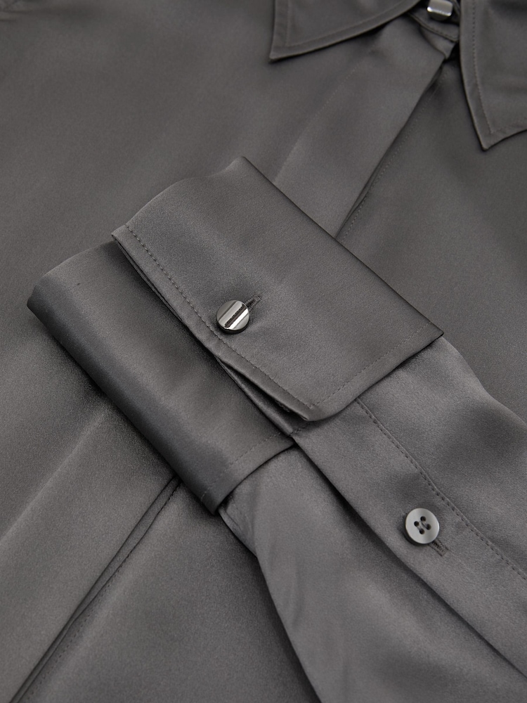 Reiss Dark Grey Ameira Silk-Satin Concealed-Placket Shirt - Image 7 of 7