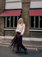 Burgundy Red Suedette Fringe Midi Skirt - Image 1 of 4