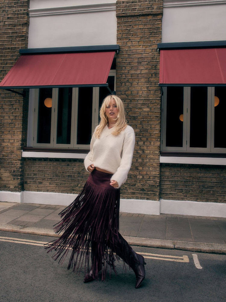Burgundy Red Suedette Fringe Midi Skirt - Image 1 of 4 Burgundy Red Suedette Fringe Midi Skirt - Image 1 of 4