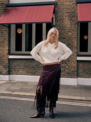 Burgundy Red Suedette Fringe Midi Skirt - Image 2 of 4