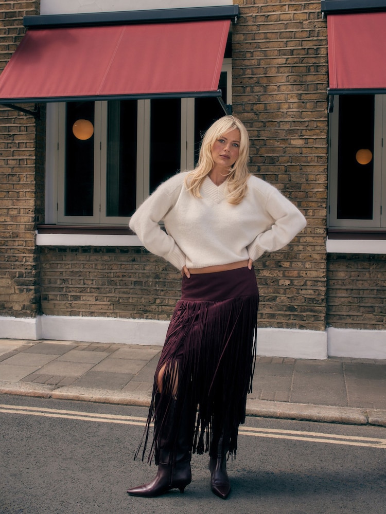 Burgundy Red Suedette Fringe Midi Skirt - Image 2 of 4 Burgundy Red Suedette Fringe Midi Skirt - Image 2 of 4