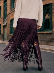 Burgundy Red Suedette Fringe Midi Skirt - Image 3 of 4