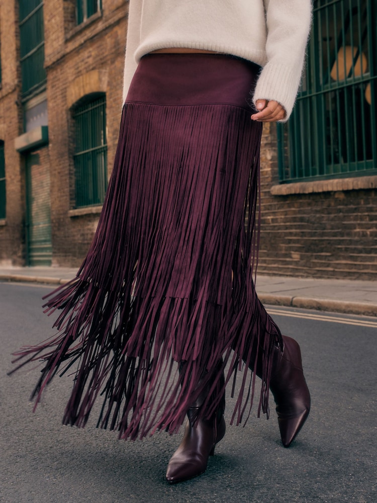 Burgundy Red Suedette Fringe Midi Skirt - Image 4 of 4 Burgundy Red Suedette Fringe Midi Skirt - Image 4 of 4