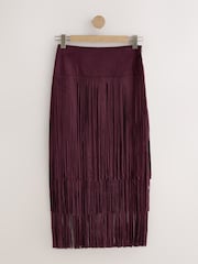 Burgundy Red Suedette Fringe Midi Skirt - Image 5 of 7