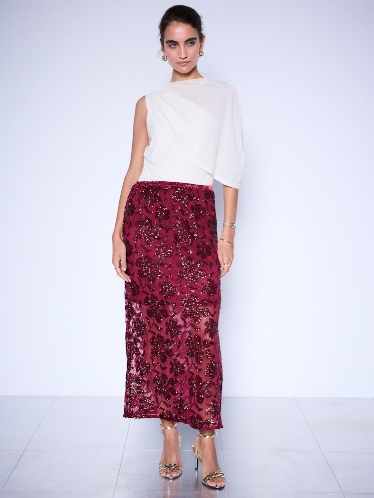 Burgundy Red Sequin Floral Mesh Midi Skirt - Image 1 of 7
