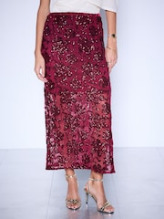 Burgundy Red Sequin Floral Mesh Midi Skirt - Image 4 of 7
