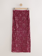 Burgundy Red Sequin Floral Mesh Midi Skirt - Image 5 of 7