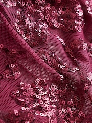 Burgundy Red Sequin Floral Mesh Midi Skirt - Image 6 of 7