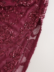 Burgundy Red Sequin Floral Mesh Midi Skirt - Image 7 of 7