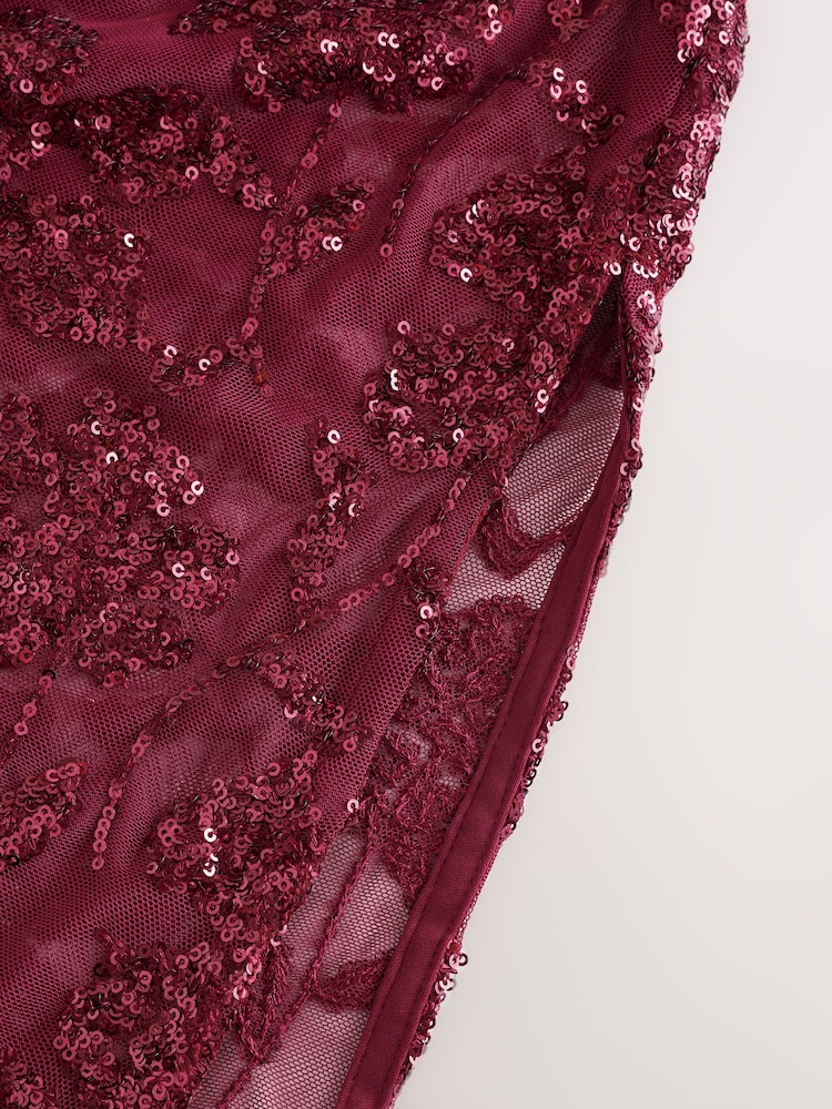 Burgundy Red Sequin Floral Mesh Midi Skirt - Image 7 of 7