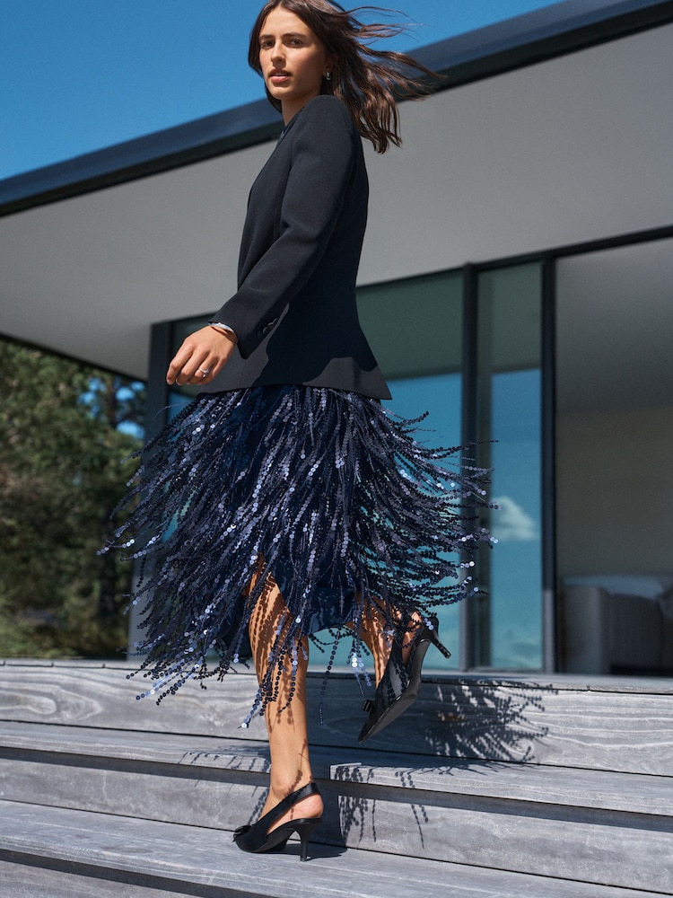 Navy N. Premium Sequin Fringe Midi Skirt - Image 1 of 7 Navy N. Premium Sequin Fringe Midi Skirt - Image 1 of 7