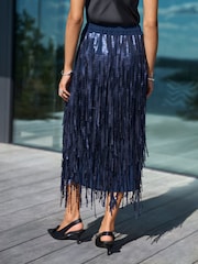 Navy N. Premium Sequin Fringe Midi Skirt - Image 3 of 7