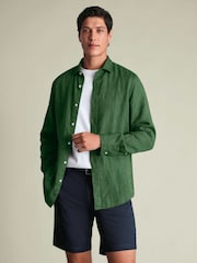 Charles Tyrwhitt Green Plain Pure Linen Shorts Sleeve Shirt - Image 1 of 5