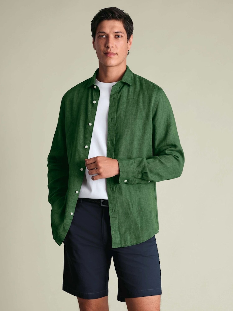 Charles Tyrwhitt Green Plain Pure Linen Shorts Sleeve Shirt - Image 1 of 5