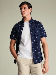 Charles Tyrwhitt Navy Shorts Sleeve Printed Stretch Washed Poplin Shirt - Image 1 of 4