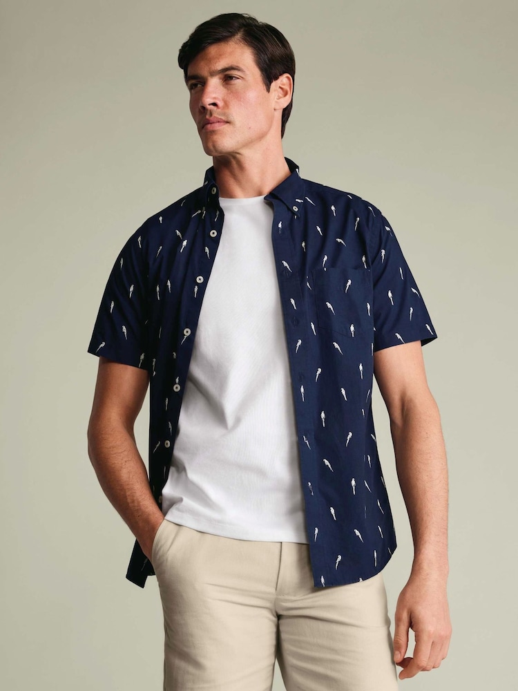 Charles Tyrwhitt Navy Shorts Sleeve Printed Stretch Washed Poplin Shirt - Image 1 of 4 Charles Tyrwhitt Navy Shorts Sleeve Printed Stretch Washed Poplin Shirt - Image 1 of 4