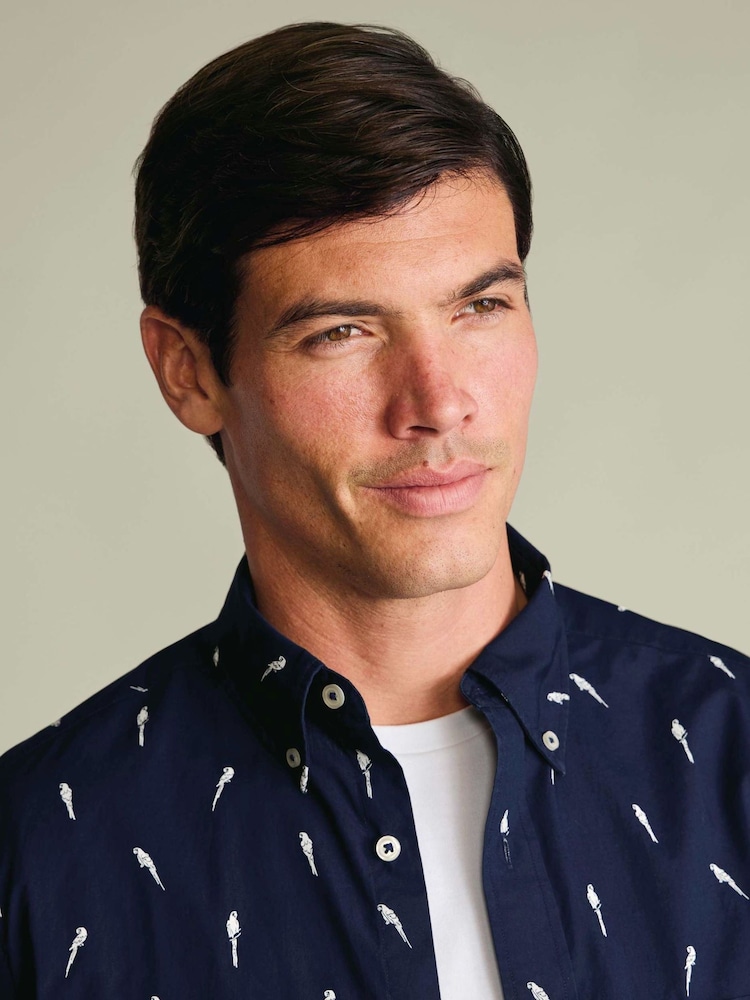 Charles Tyrwhitt Navy Shorts Sleeve Printed Stretch Washed Poplin Shirt - Image 2 of 4 Charles Tyrwhitt Navy Shorts Sleeve Printed Stretch Washed Poplin Shirt - Image 2 of 4