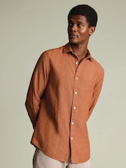 Charles Tyrwhitt Burnt Orange Plain Pure Linen Shorts Sleeve Shirt - Image 1 of 5