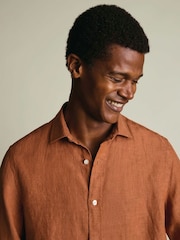 Charles Tyrwhitt Burnt Orange Plain Pure Linen Shorts Sleeve Shirt - Image 3 of 5