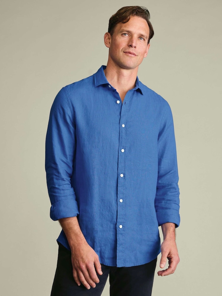 Charles Tyrwhitt Blue Plain Pure Linen Shorts Sleeve Shirt - Image 1 of 5