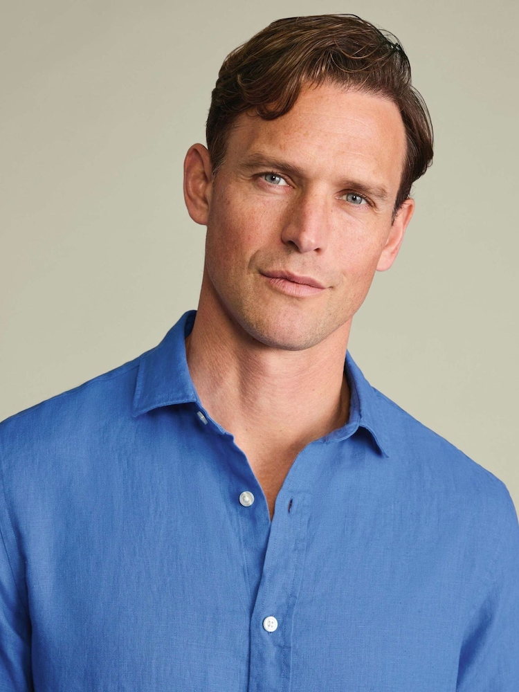 Charles Tyrwhitt Blue Plain Pure Linen Shorts Sleeve Shirt - Image 2 of 5