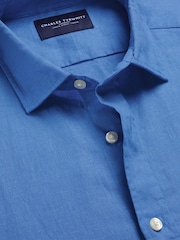 Charles Tyrwhitt Blue Plain Pure Linen Shorts Sleeve Shirt - Image 4 of 5