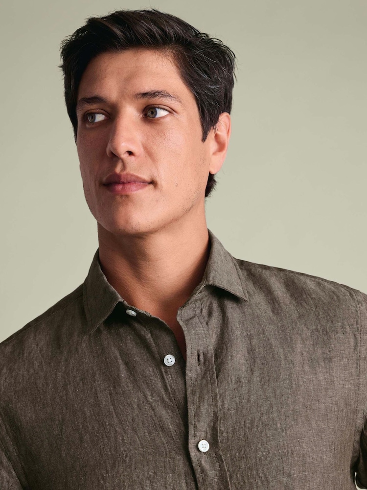 Charles Tyrwhitt Brown Plain Pure Linen Shorts Sleeve Shirt - Image 2 of 4