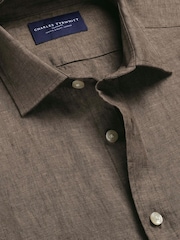 Charles Tyrwhitt Brown Plain Pure Linen Shorts Sleeve Shirt - Image 3 of 4