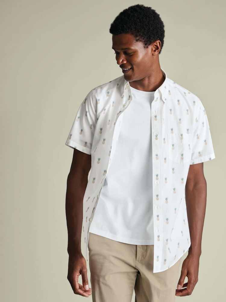 Charles Tyrwhitt Off White Shorts Sleeve Printed Stretch Washed Poplin Shirt - Image 1 of 5