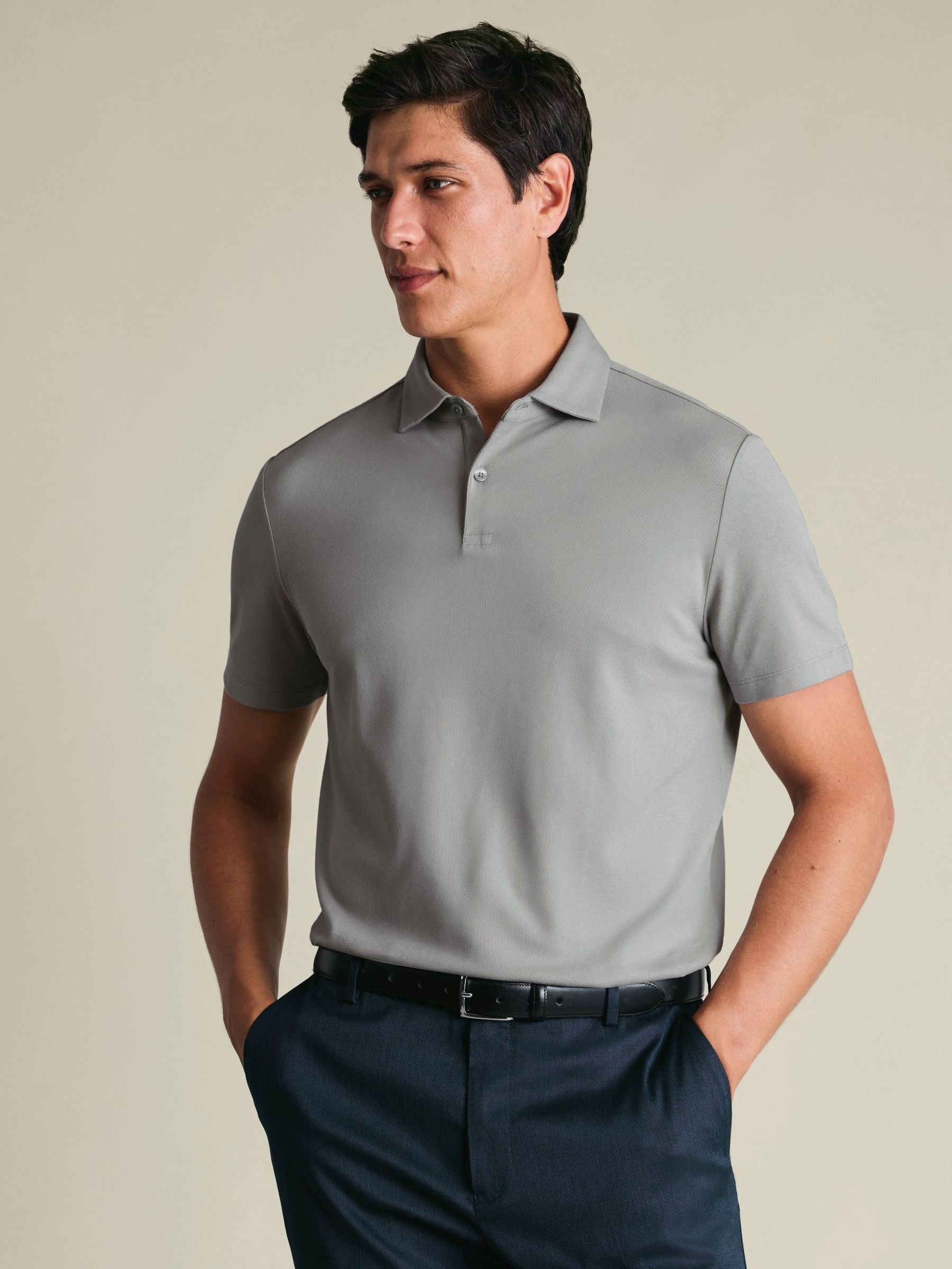 Buy Charles Tyrwhitt Grey Shorts Sleeve Cotton Stretch Smart Pique
