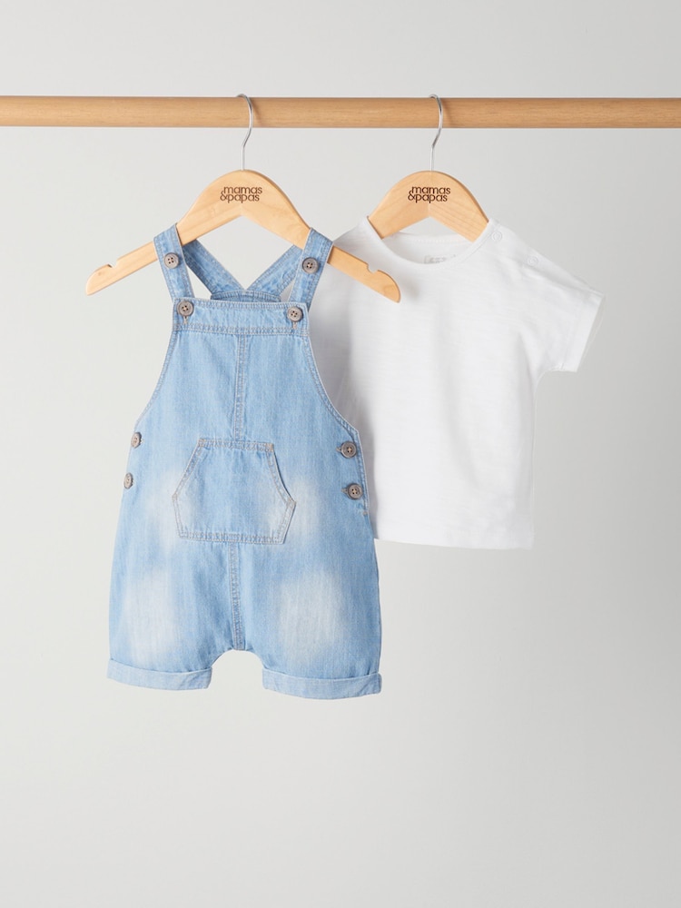 Mamas & Papas Blue Denim Dungarees & T-Shirt Outfit Set - Image 1 of 5