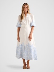 Forever New Blue Esther Embroidered Midi Dress Contains Linen - Image 1 of 4