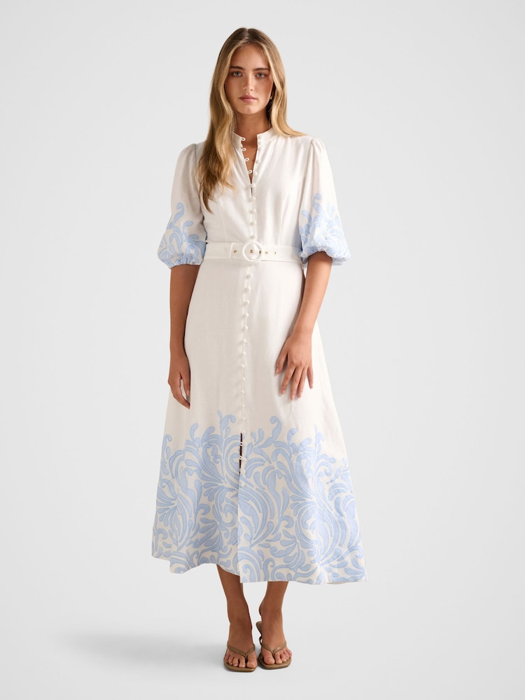 Forever New Blue Esther Embroidered Midi Dress Contains Linen - Image 1 of 4