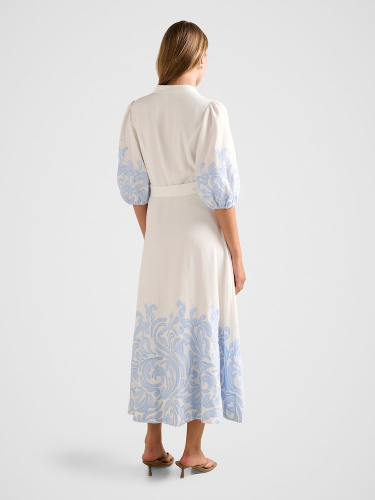 Forever New Blue Esther Embroidered Midi Dress Contains Linen - Image 2 of 4