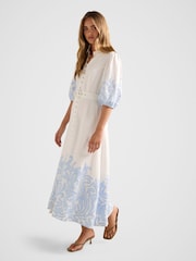 Forever New Blue Esther Embroidered Midi Dress Contains Linen - Image 4 of 4