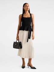 Forever New Black Peony Pleated Mixed Midi Dress Contains Linen - Image 1 of 4