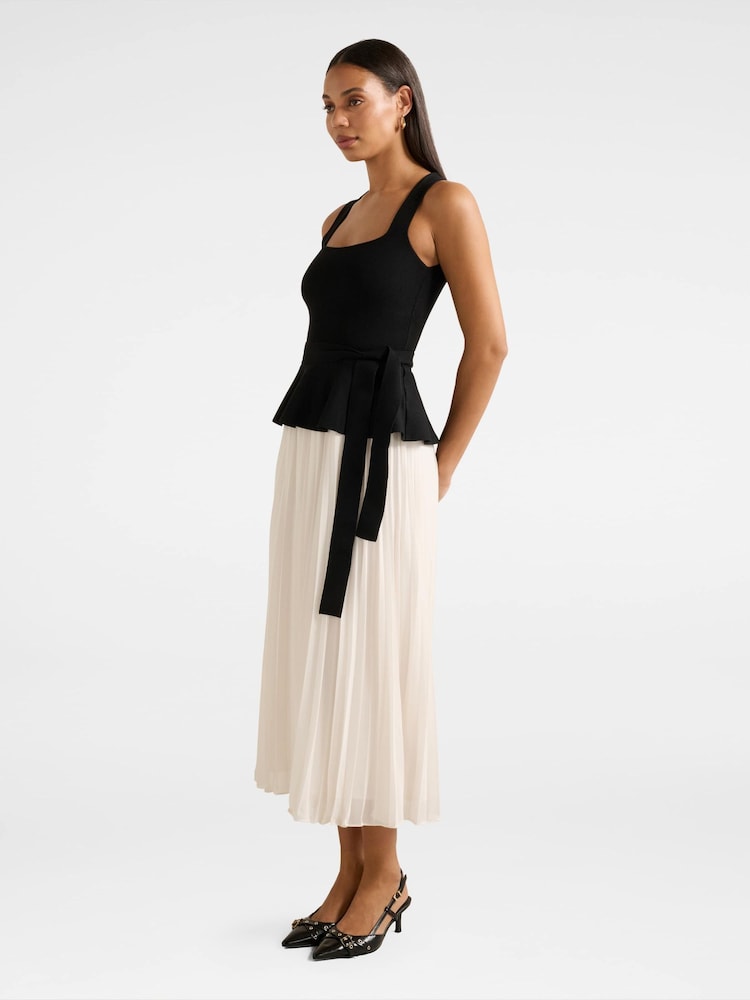 Forever New Black Peony Pleated Mixed Midi Dress Contains Linen - Image 4 of 4