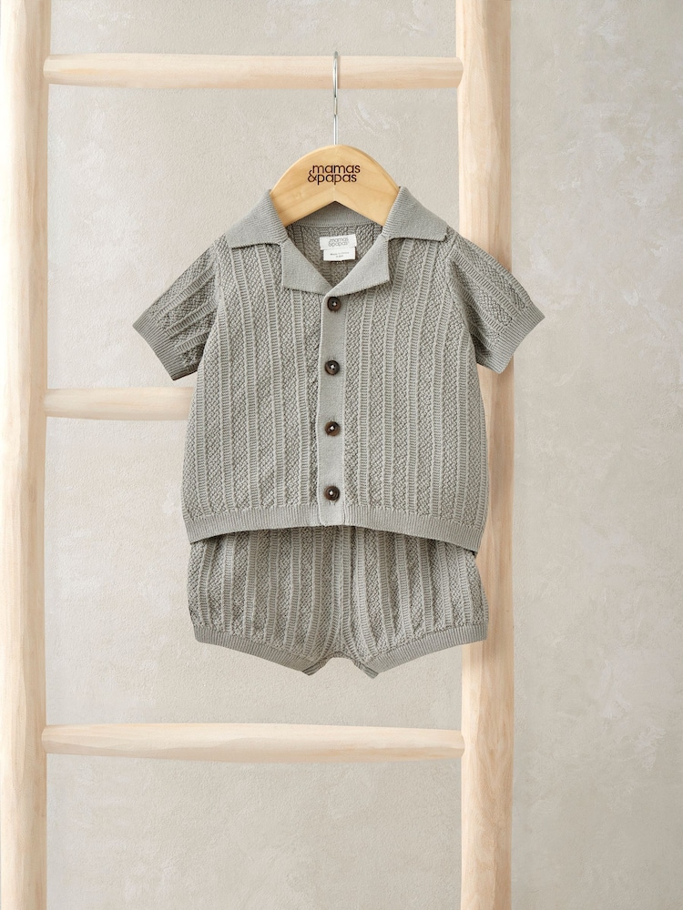 Mamas & Papas Green Knitted Shirt & Shorts Outfit Set - Image 1 of 3