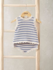 Mamas & Papas Blue Stripe Scallop Edge Knit Top & Shorts Set - Image 1 of 3