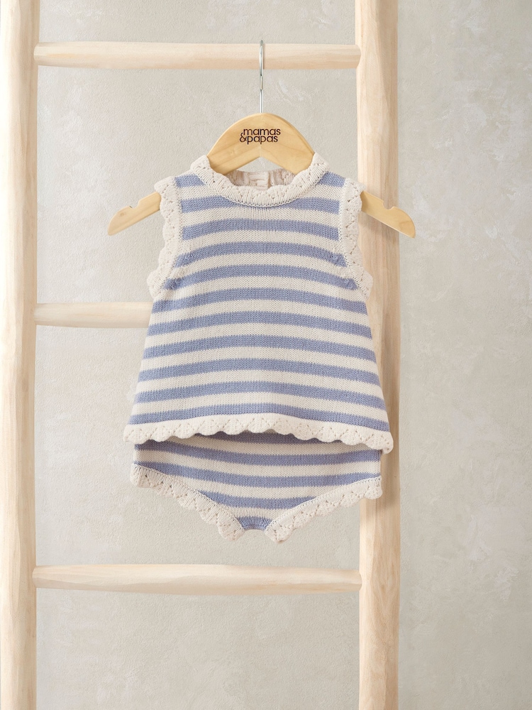 Mamas & Papas Blue Stripe Scallop Edge Knit Top & Shorts Set - Image 1 of 3