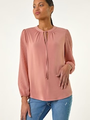 Roman Pink Tie Neck Shimmer Dobby Sleeve Top - Image 1 of 6