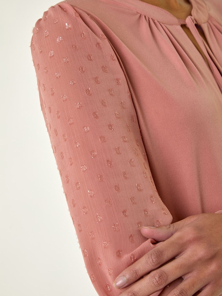 Roman Pink Tie Neck Shimmer Dobby Sleeve Top - Image 2 of 6