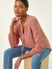 Roman Pink Tie Neck Shimmer Dobby Sleeve Top - Image 3 of 6