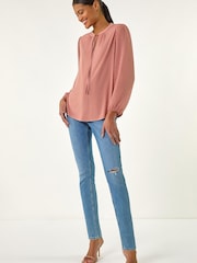 Roman Pink Tie Neck Shimmer Dobby Sleeve Top - Image 4 of 6