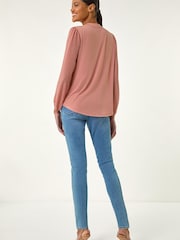 Roman Pink Tie Neck Shimmer Dobby Sleeve Top - Image 5 of 6