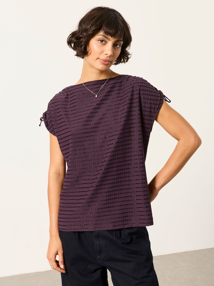 FatFace Gabby Dark Purple Gathered Shoulder Detail Top - Image 1 of 7