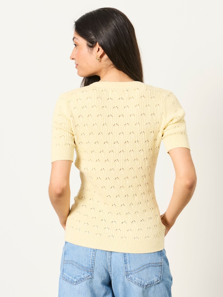 FatFace Yellow Lois Short Sleeve Knitted Henley Top - Image 2 of 4 FatFace Yellow Lois Short Sleeve Knitted Henley Top - Image 2 of 4