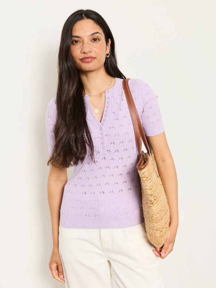 FatFace Lilac Purple Lois Short Sleeve Knitted Henley Top - Image 1 of 5 FatFace Lilac Purple Lois Short Sleeve Knitted Henley Top - Image 1 of 5